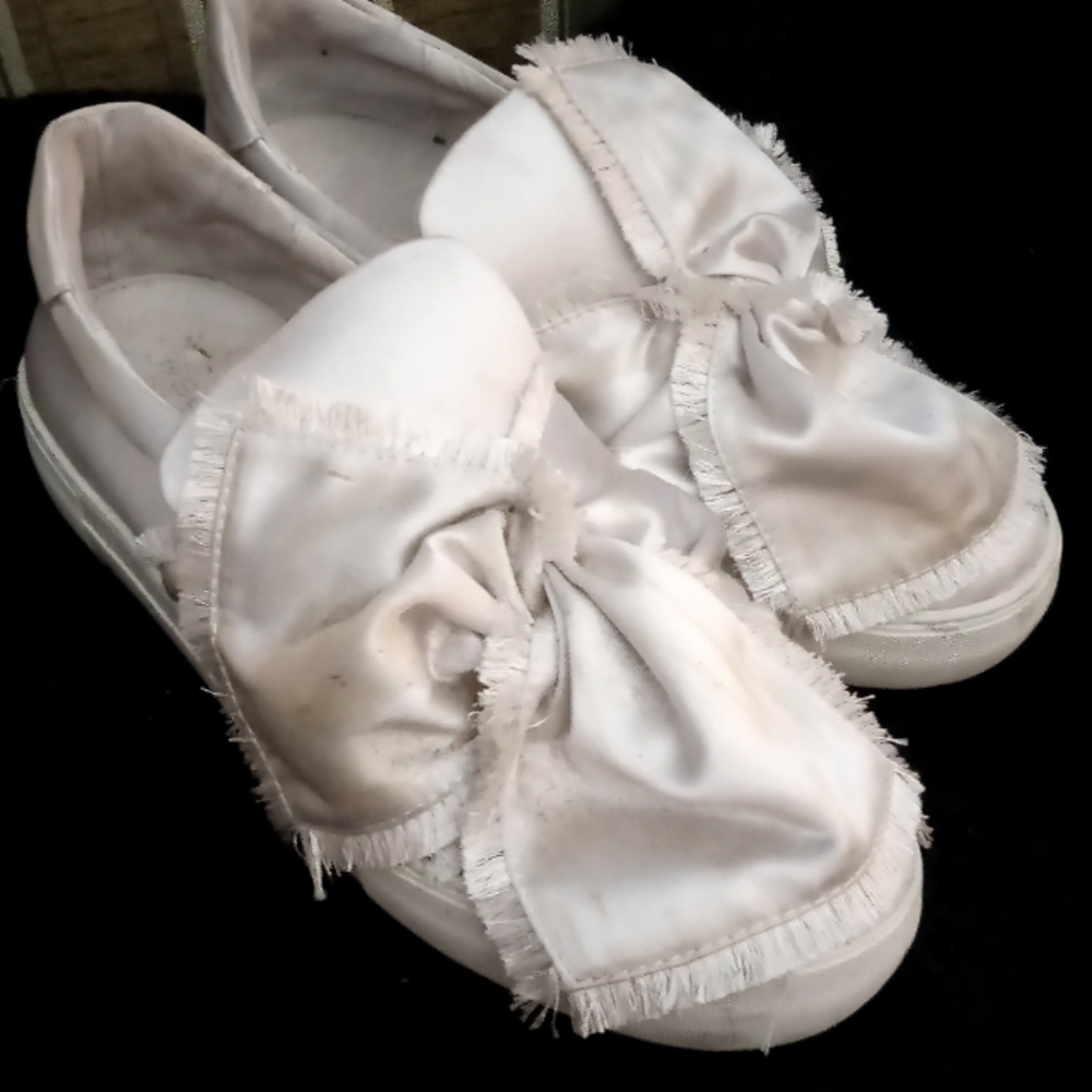 White Satin Bow Slip-On Sneakers Eight And One Half